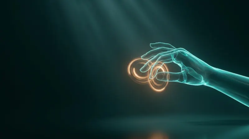Ilustración 3D de una mano de vidrio turquesa que palpa con las yemas de los dedos en pequeños círculos, marcados en ámbar
