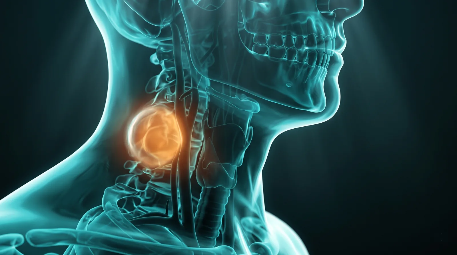 Ilustración 3D del cuello con una masa cervical resaltada en ámbar