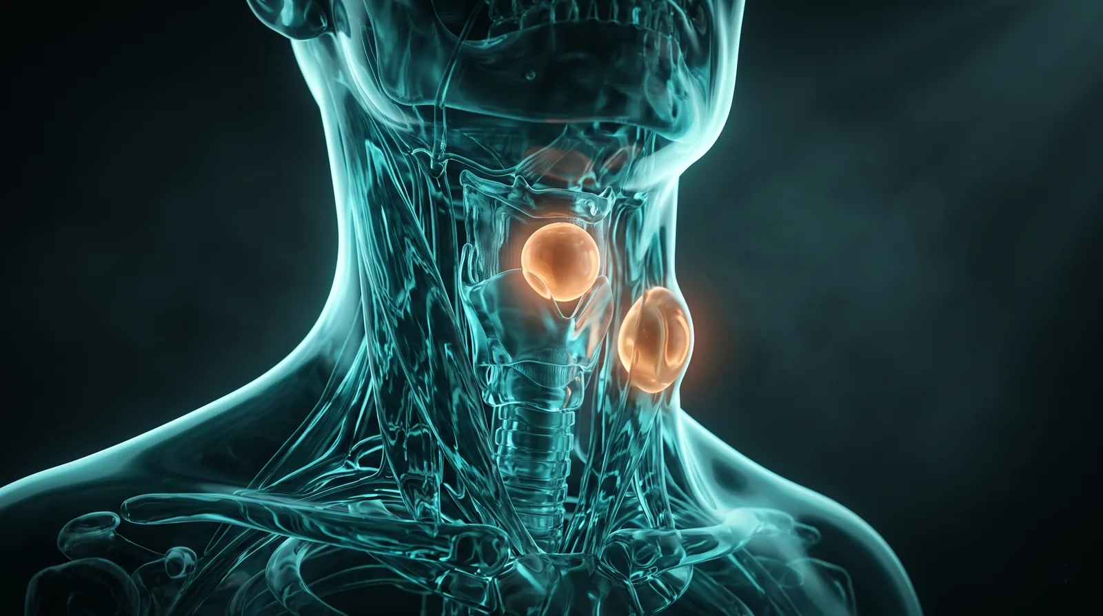Ilustración 3D del cuello con dos quistes cervicales resaltados en ámbar, uno en la línea media