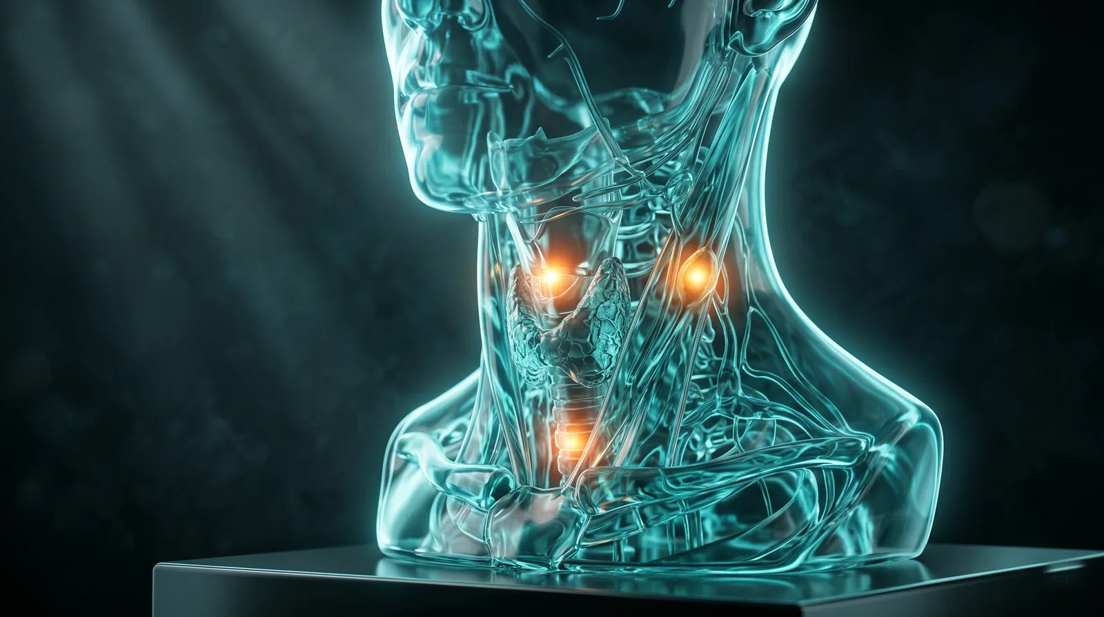 Ilustración 3D del cuello con la tiroides y tres zonas de síntoma resaltadas en ámbar